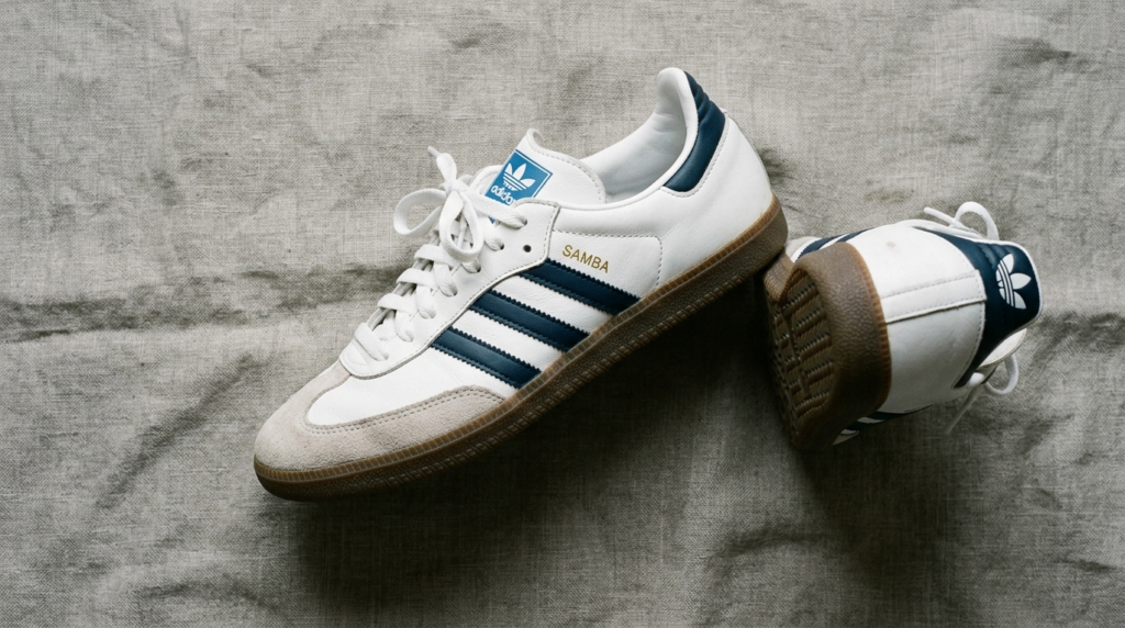 Overhead flat lay photography of vintage Adidas Samba leathe