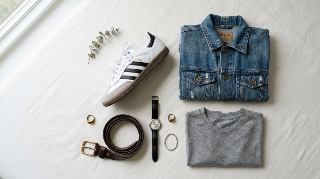 Flat lay lifestyle fashion shot of Adidas Samba white leathe
