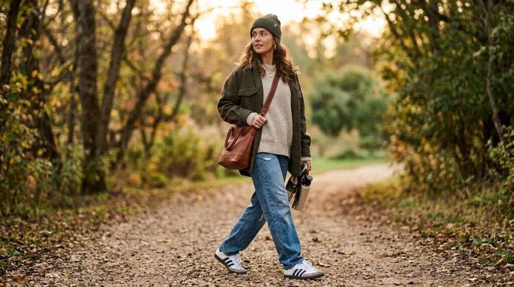 Full body lifestyle fashion portrait of a person wearing an 