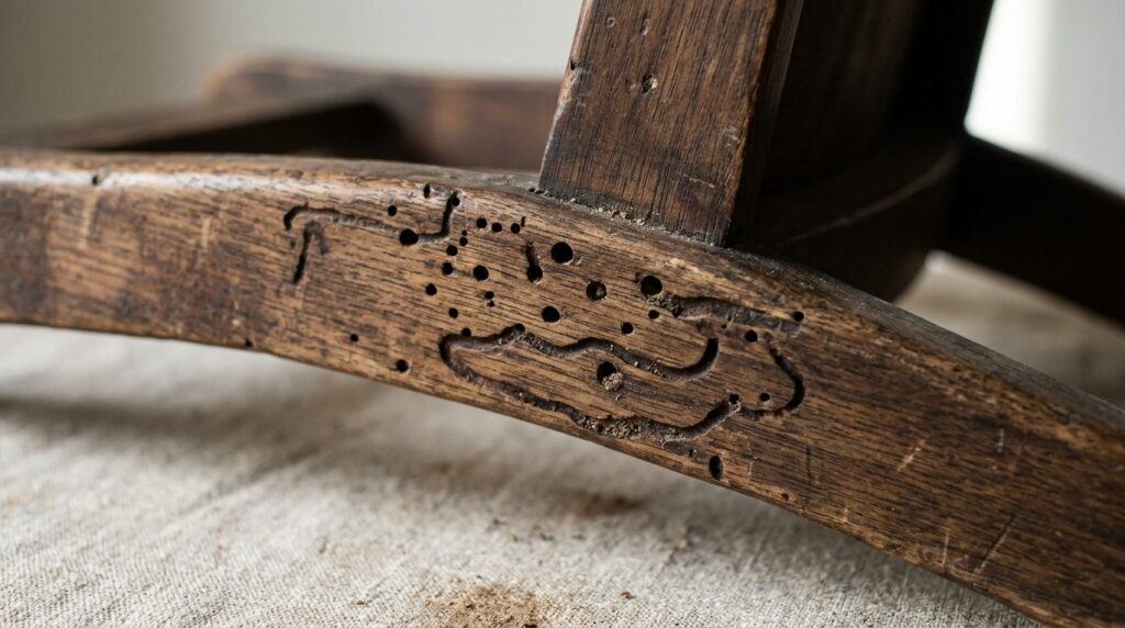 Stock photo of vintage wooden chair or desk detail showcasin
