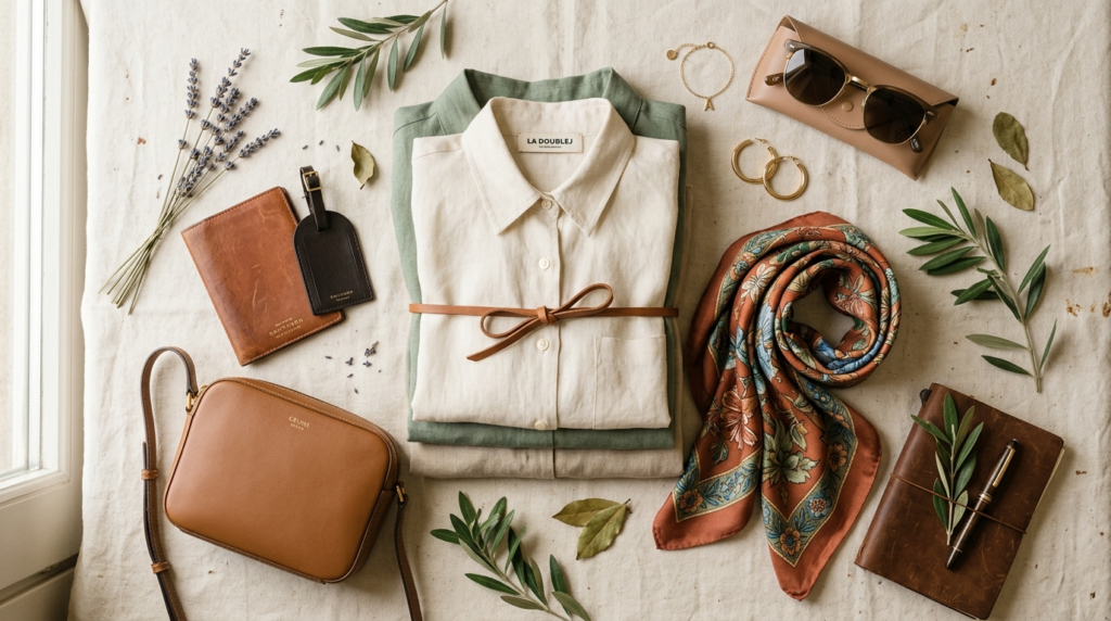 Close-up flatlay of carefully packed luxury travel essential