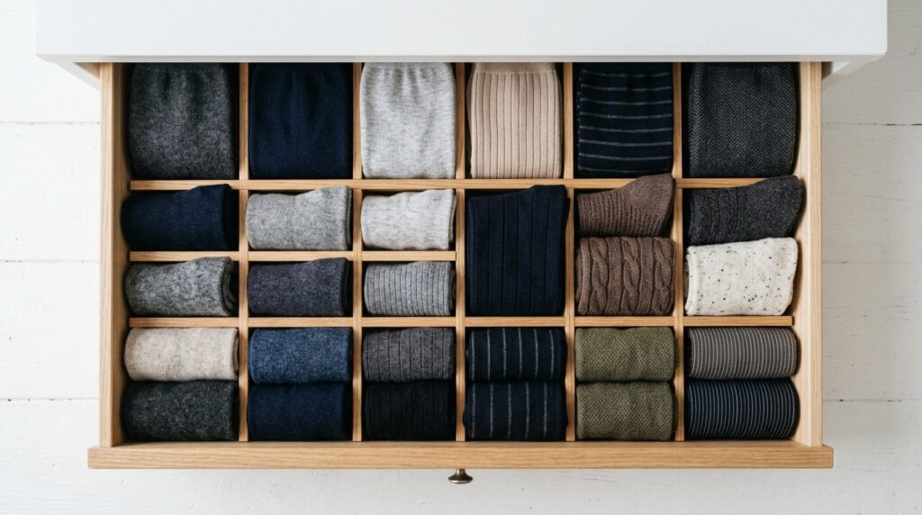 Flat lay overhead shot of organized sock drawer with neatly 