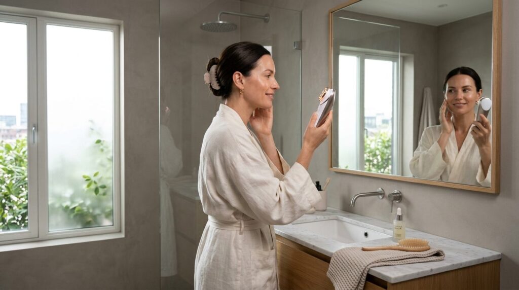 Elegant woman in modern minimalist bathroom applying advance