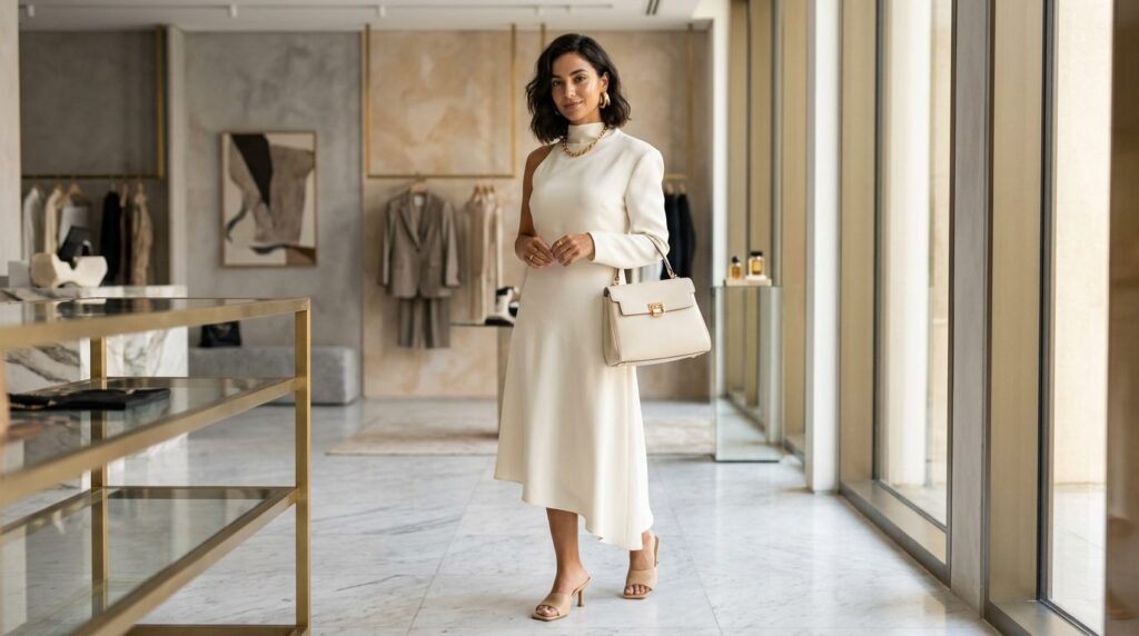 Fashion-forward woman with healthy glowing skin in luxury fa