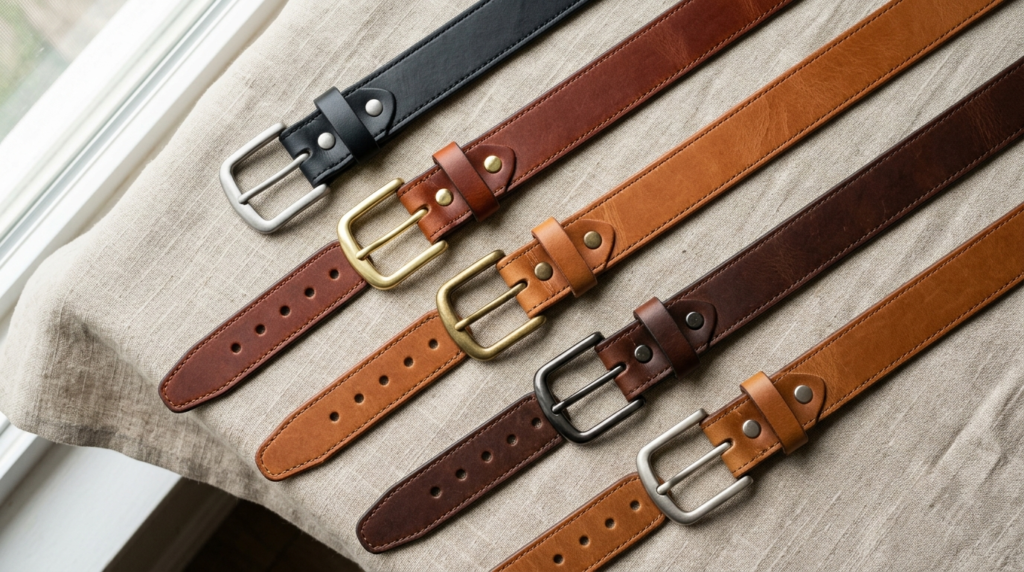 Overhead flat lay of a high-end leather belt collection disp