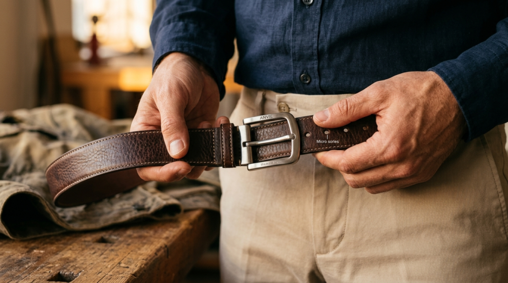 Close-up detail shot of a leather belt being adjusted by han