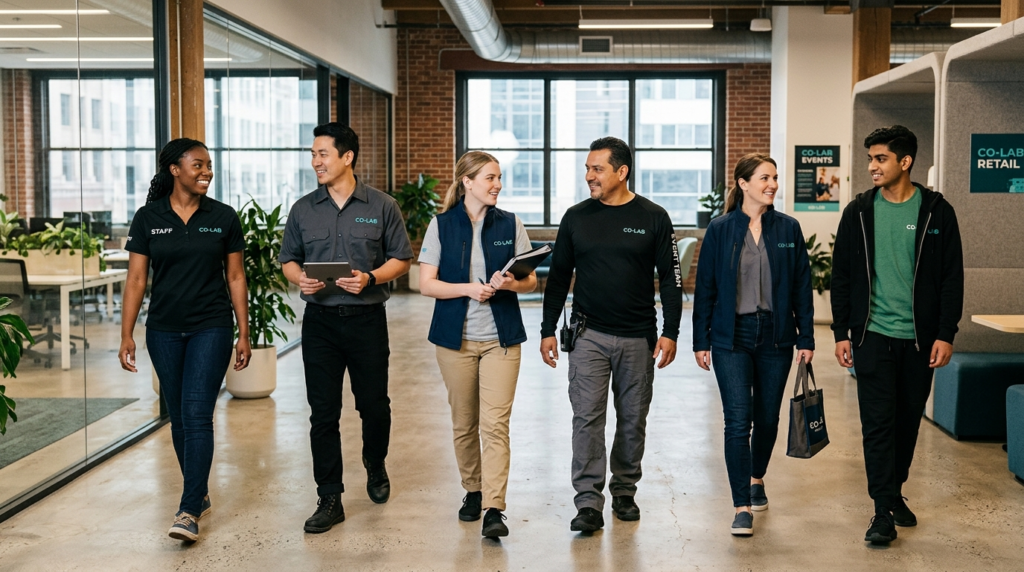 Diverse retail staff and event team members in coordinated b