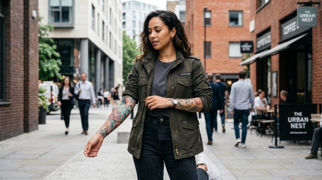 Fashion lifestyle photograph of a tattooed person in modern 