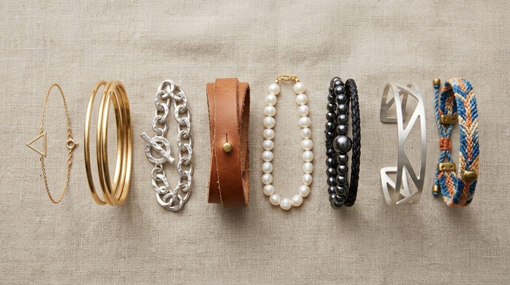 Flat lay fashion styling shot of 6-8 different bracelet styl