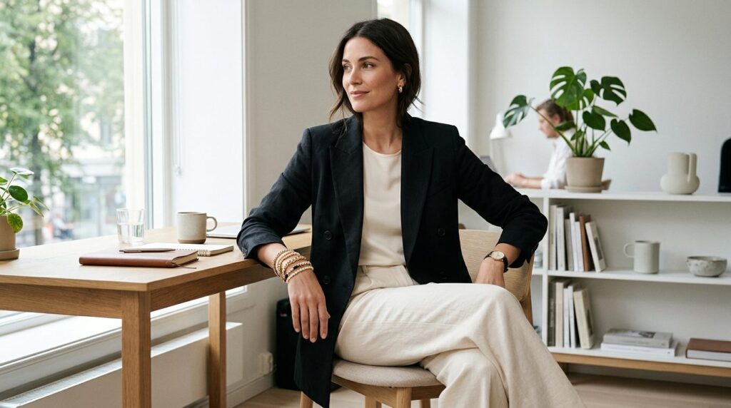 Full outfit fashion editorial, woman wearing tailored black 