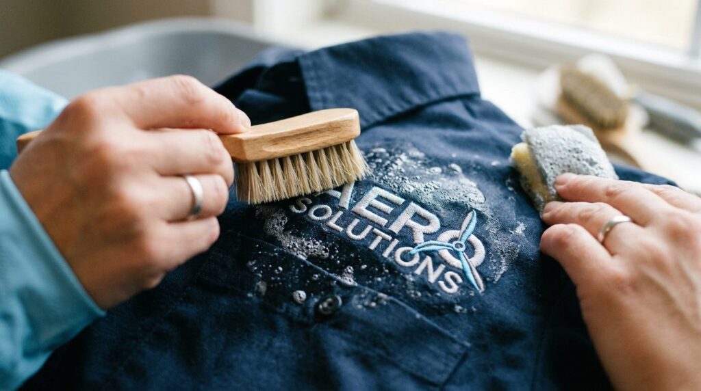 Close-up stock photo of delicate embroidered company logo on