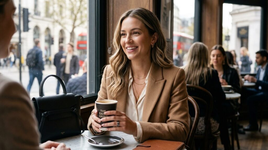 Lifestyle fashion photograph of a young professional woman w